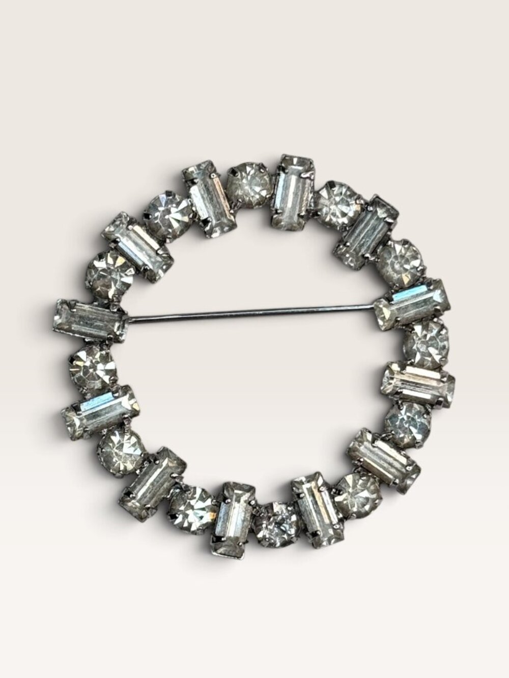 Marlana Clear Crystal Baguette Round Chaton Wreath Circle Brooch Vintage 1950s